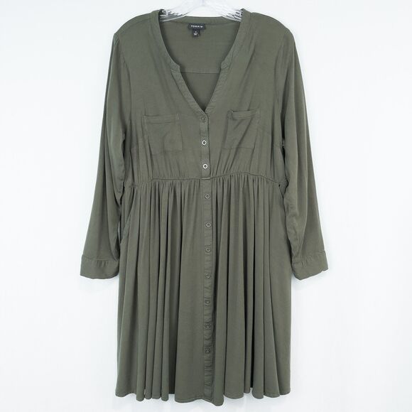 Torrid Mini Challis Button Front Shirt Dress Womens 1 Olive Pockets Stretch - Picture 1 of 16